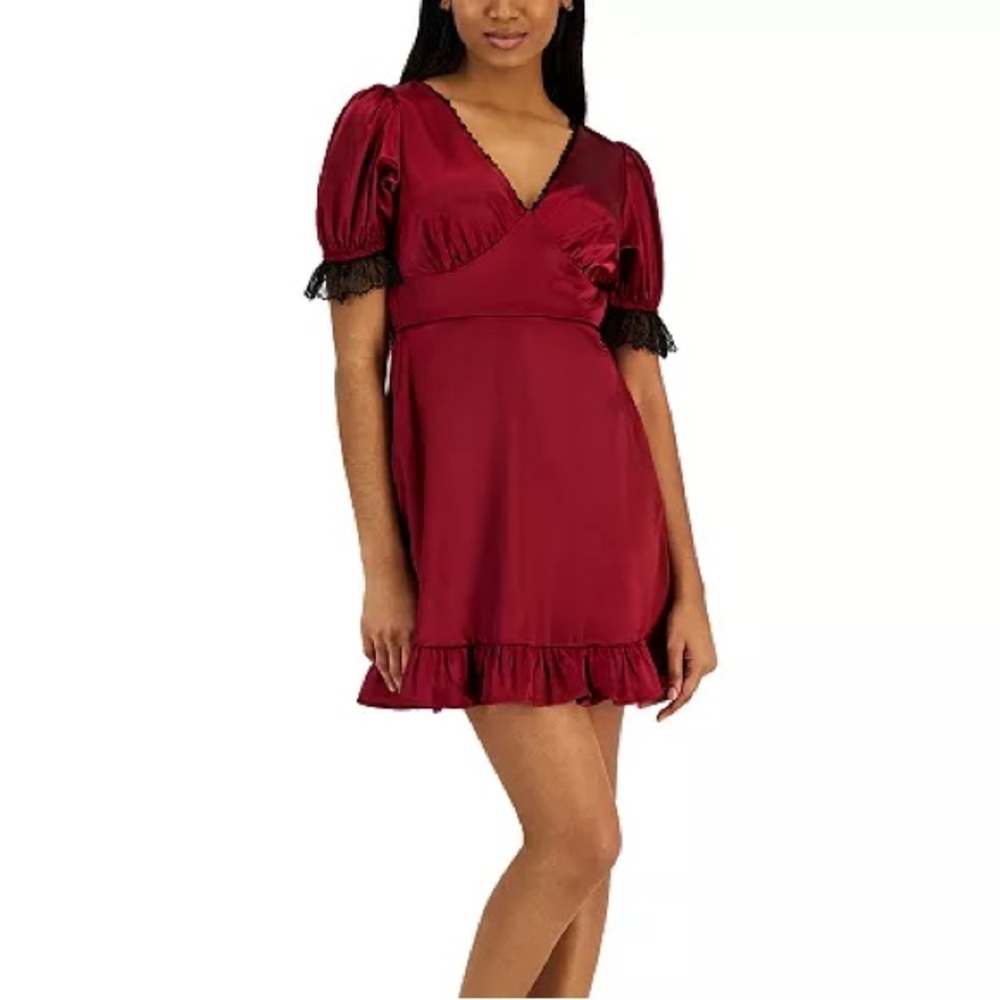 Kit + Sky Juniors' Red Satin Lace Trimmed V-Neck Mini Dress Size XXS